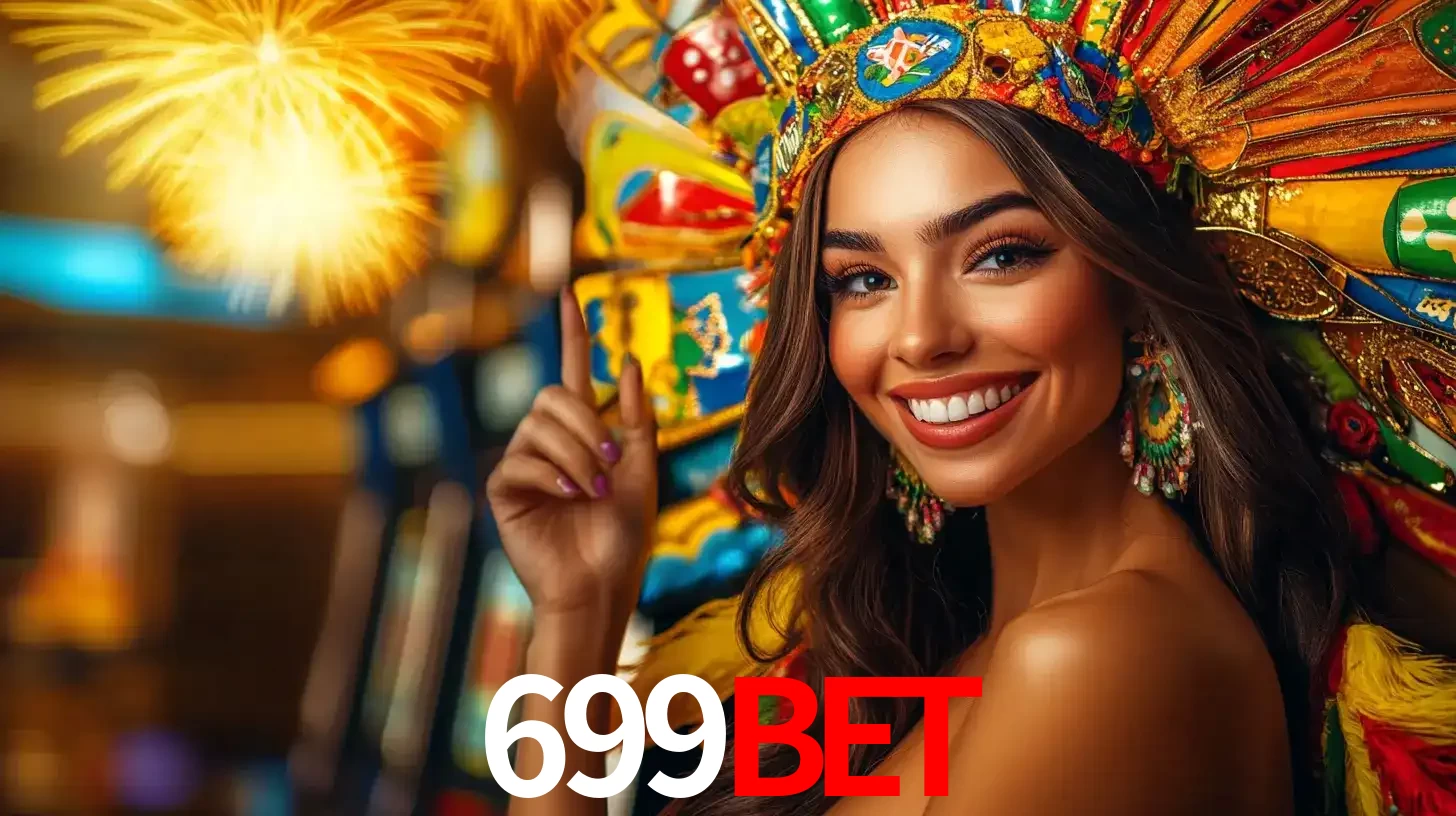 Mulher sorridente com um cocar de carnaval vibrante e colorido, celebrando uma grande vitória nos jogos do cassino 699bet com fogos de artifício ao fundo.