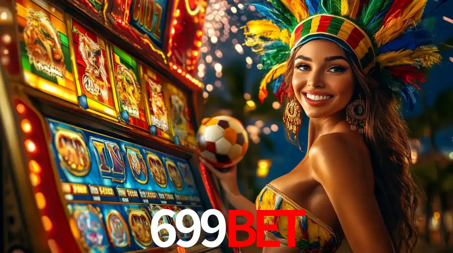 Mulher com um cocar de carnaval ao lado de uma máquina de caça-níqueis enquanto segura uma bola de futebol, mostrando a união da diversão de cassino e esportes no 699bet.