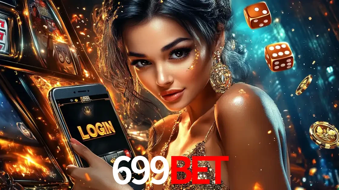 Mulher glamourosa segurando um celular com a tela de login do cassino 699bet, rodeada por dados e moedas douradas, pronta para começar a diversão.
