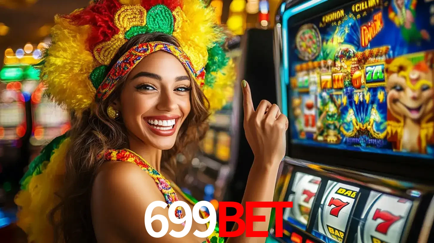 Mulher animada com um cocar de carnaval apontando para uma máquina de caça-níqueis, mostrando a emoção de ganhar um grande prêmio nos jogos do 699bet.