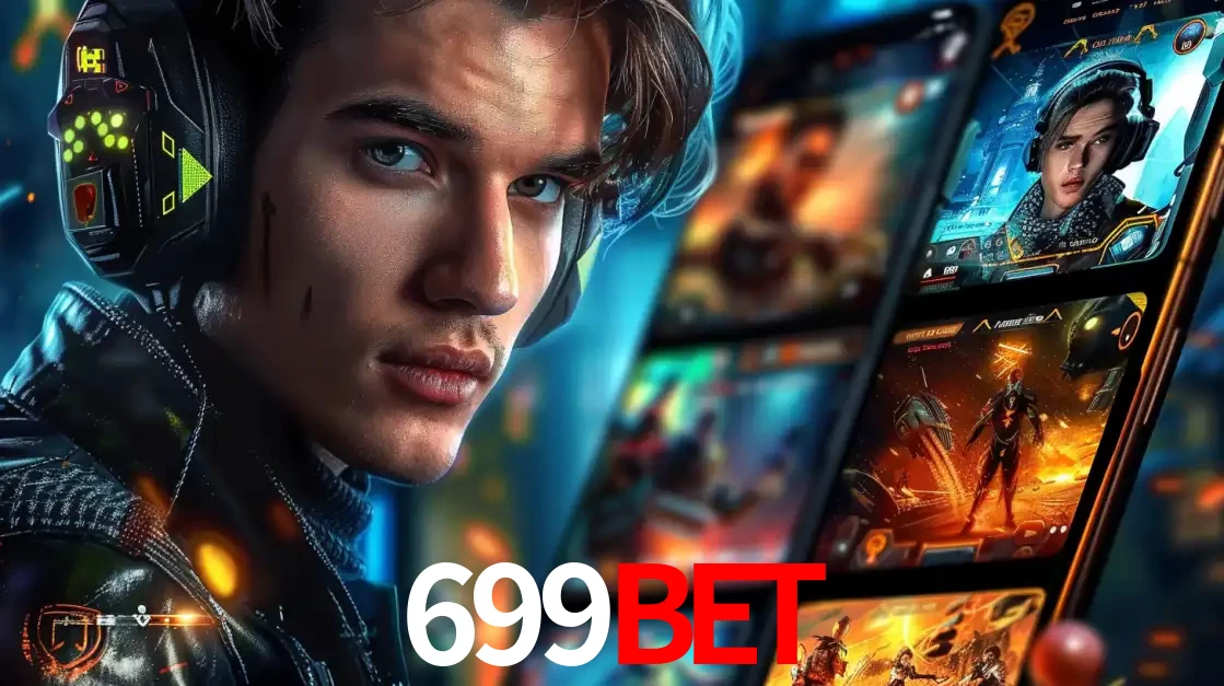 Jovem jogador com fones de ouvido olhando para a câmera, com um aplicativo de jogos e e-sports para celular ao fundo, pronto para a competição e apostas no 699bet.