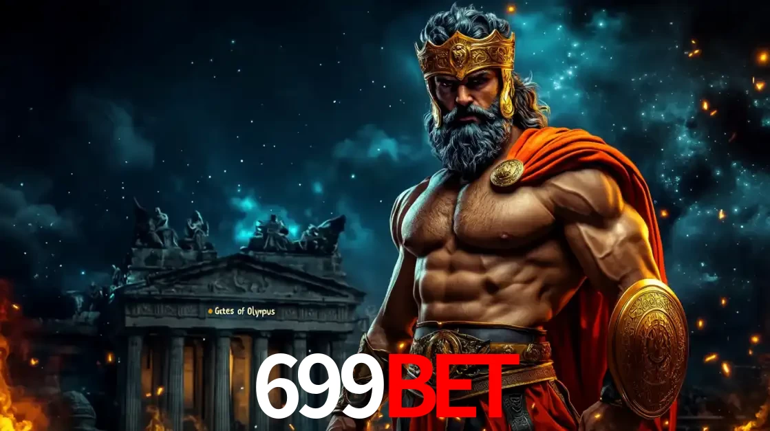O poderoso Zeus do jogo de slot Gates of Olympus em frente ao seu templo, pronto para lançar multiplicadores divinos e prêmios épicos no cassino online 699bet.