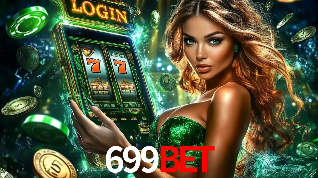 Mulher com tema verde apresentando o aplicativo do cassino 699bet com um jogo de slot de 777, cercada por fichas de cassino e uma aura de sorte.