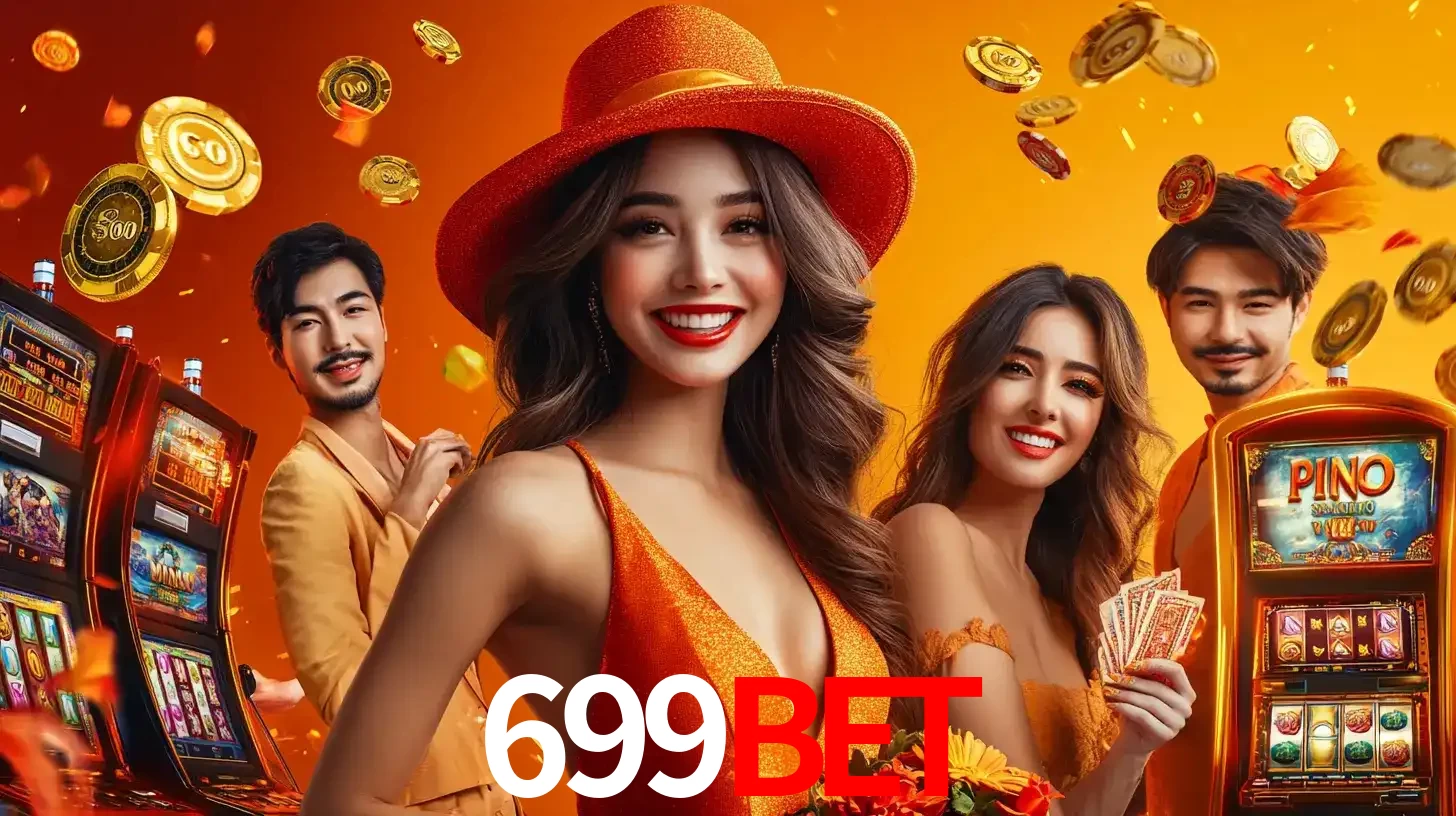 Grupo de amigos asiáticos sorrindo e se divertindo com máquinas de caça-níqueis em um ambiente festivo, celebrando suas vitórias nos jogos de cassino do 699bet.