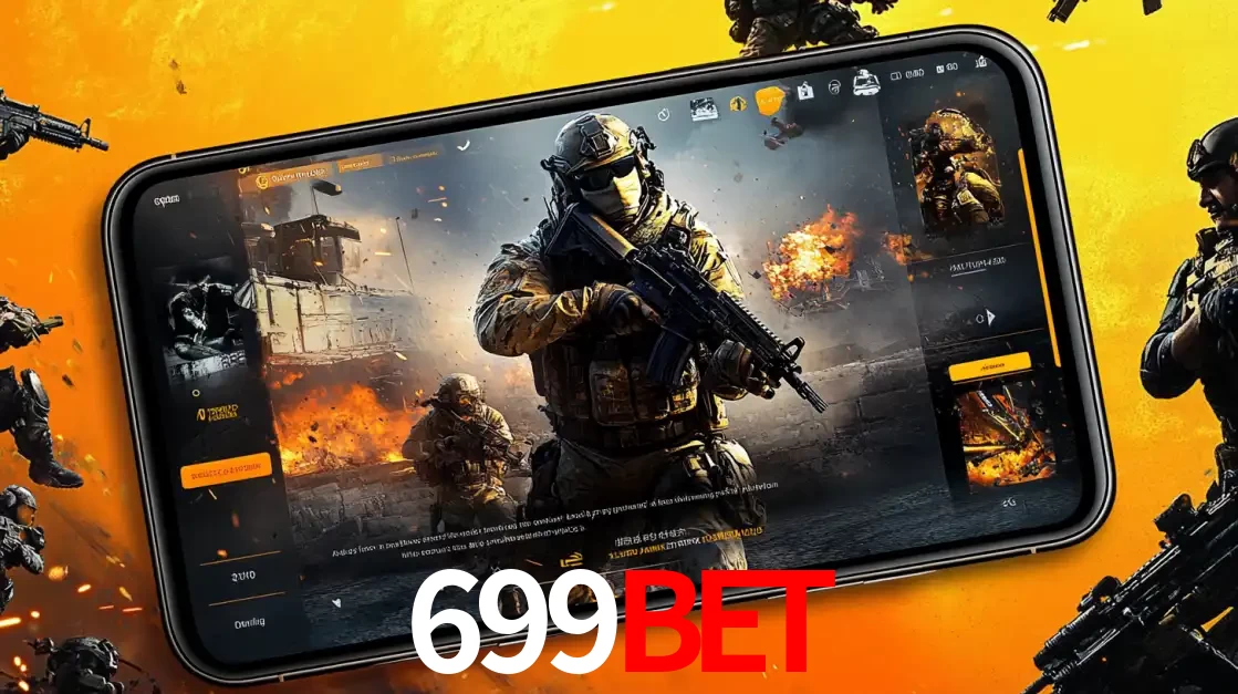 Um smartphone exibindo a interface de um jogo de tiro em primeira pessoa, com um soldado em um cenário de batalha, representando a ação dos e-sports para apostar no 699bet.