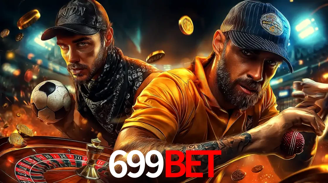 Montagem de apostas esportivas e cassino no 699bet, com um homem segurando uma bola de futebol e outro uma de beisebol sobre uma roleta e moedas voadoras.