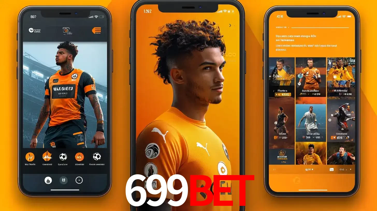 Interface do aplicativo de apostas esportivas 699bet em três telas de celular, mostrando o perfil de um jogador de futebol e a lista de jogos disponíveis para apostar.