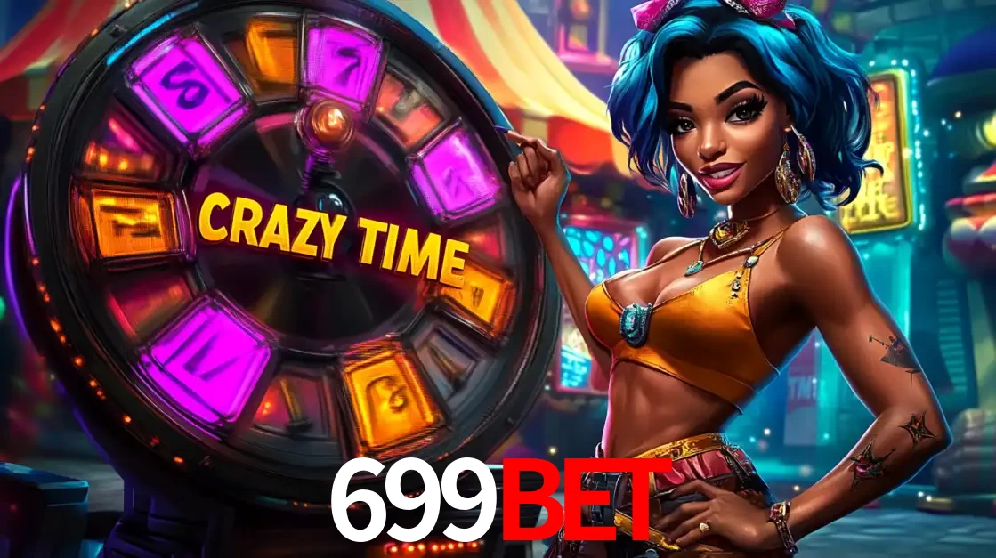 Mulher estilizada com cabelo azul e visual vibrante posando ao lado da roda de prêmios do game show Crazy Time, convidando para a diversão e os bônus do cassino 699bet.