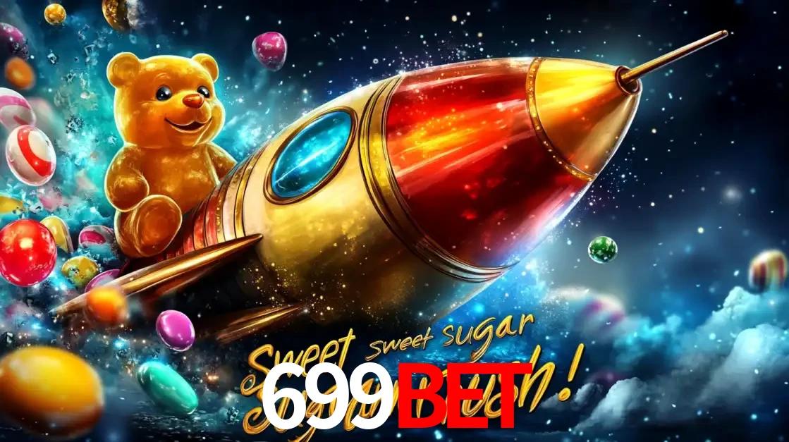 Arte promocional do jogo de slot Sugar Rush, com um urso de pelúcia em um foguete viajando pelo espaço de doces, um dos jogos divertidos disponíveis no cassino 699bet.