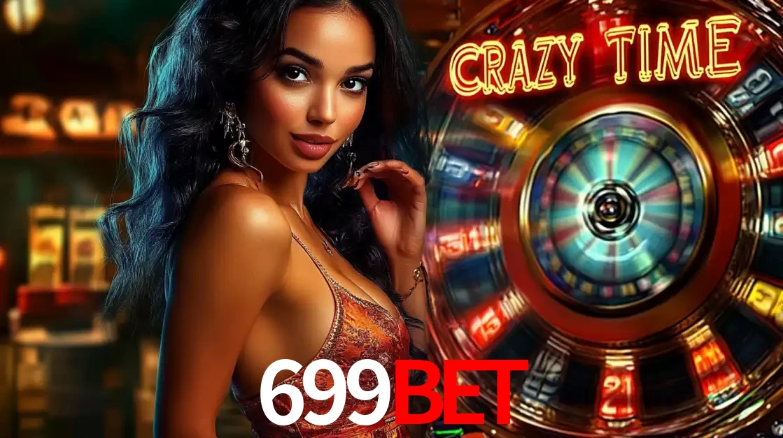 Mulher elegante ao lado da vibrante roda da fortuna do jogo de cassino ao vivo Crazy Time, um dos game shows mais populares e cheios de prêmios do 699bet.