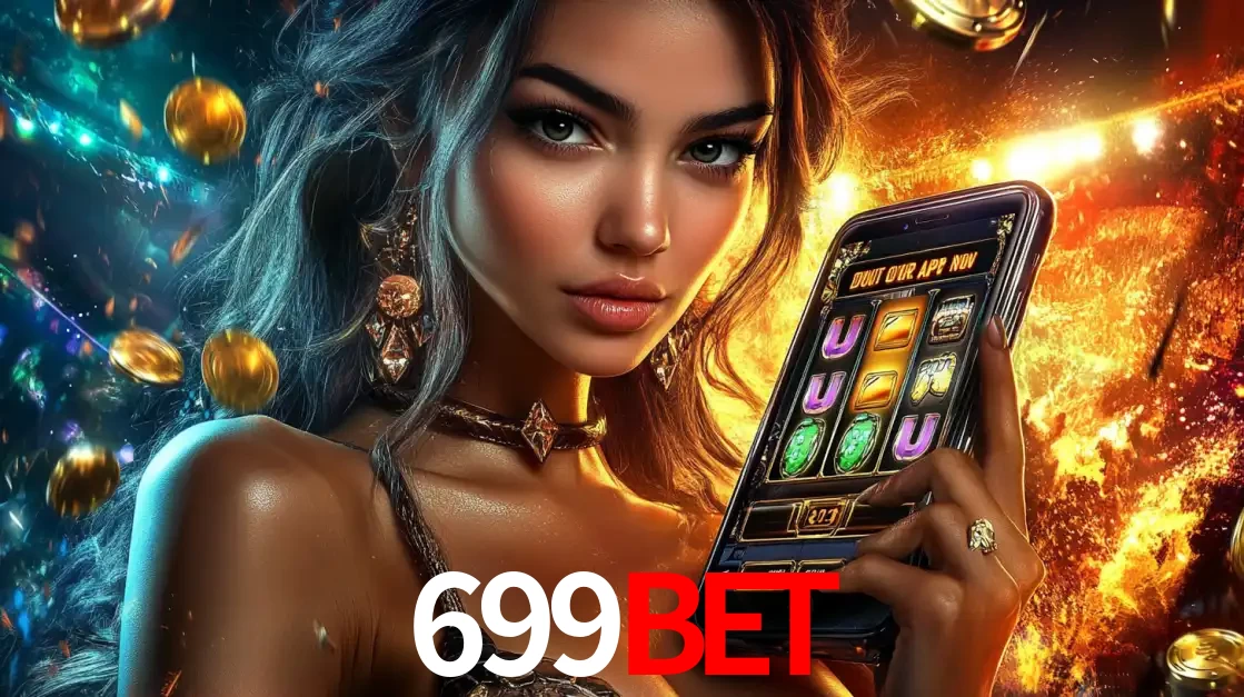 Mulher elegante mostrando um jogo de caça-níqueis em seu smartphone, destacando a experiência de cassino móvel oferecida pelo aplicativo 699bet.