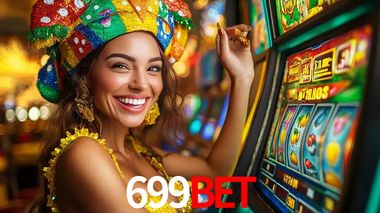 Mulher feliz com traje de carnaval amarelo e colorido ao lado de uma máquina de caça-níqueis, aproveitando a diversão e os jogos temáticos do cassino 699bet.