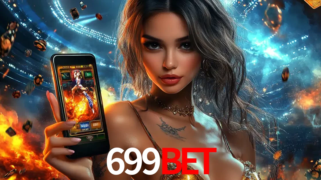 Mulher segurando um celular com um jogo de slot em destaque, tendo como fundo um estádio vibrante, simbolizando a emoção de jogar no cassino móvel 699bet.