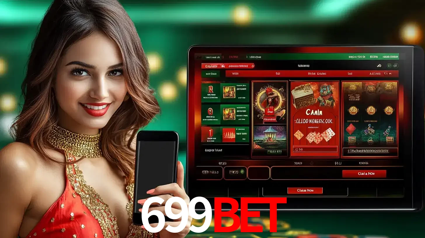 Mulher sorridente segurando um smartphone, ao lado de uma tela exibindo o lobby de jogos do cassino online 699bet, com várias opções de jogos de cartas e slots.